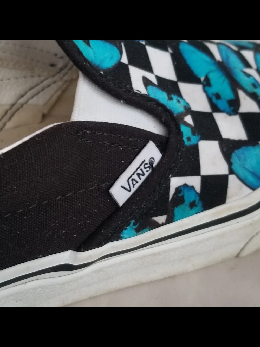 Vans Women's 9 Black & White Checkerboard Slip-Ons with Blue Butterfly Print -31